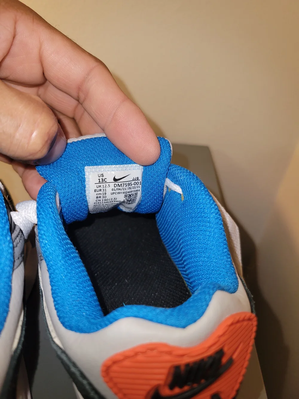 Nike AirMax90 Kids White and Gray Sneakers with Blue and Orange Accents